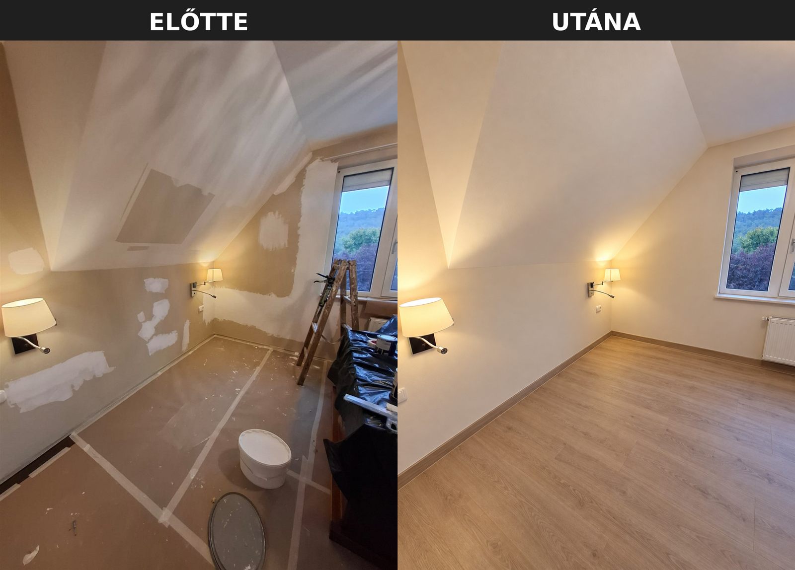Tetőtéri szoba felújítása előtte-utána: festés és padlózás