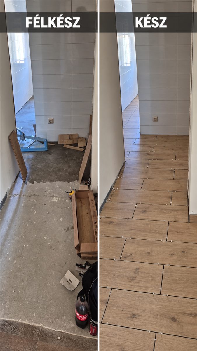 Folyosó padlóburkolása félkész és kész állapotban