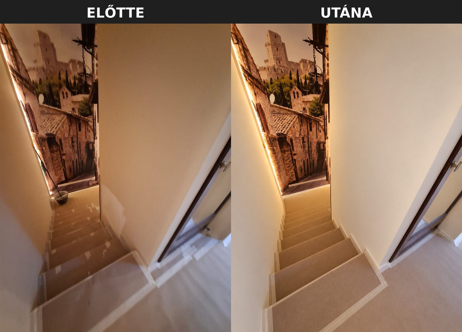 Lépcsőház felújítása előtte-utána, egyedi fali dekorral